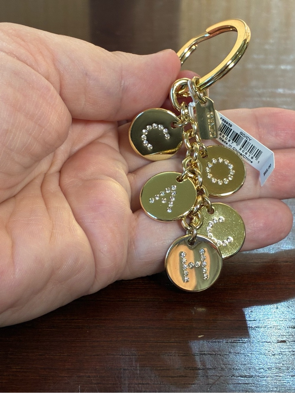 Coach Gold-Tone Crystal Initial Disc Key Charm NWT